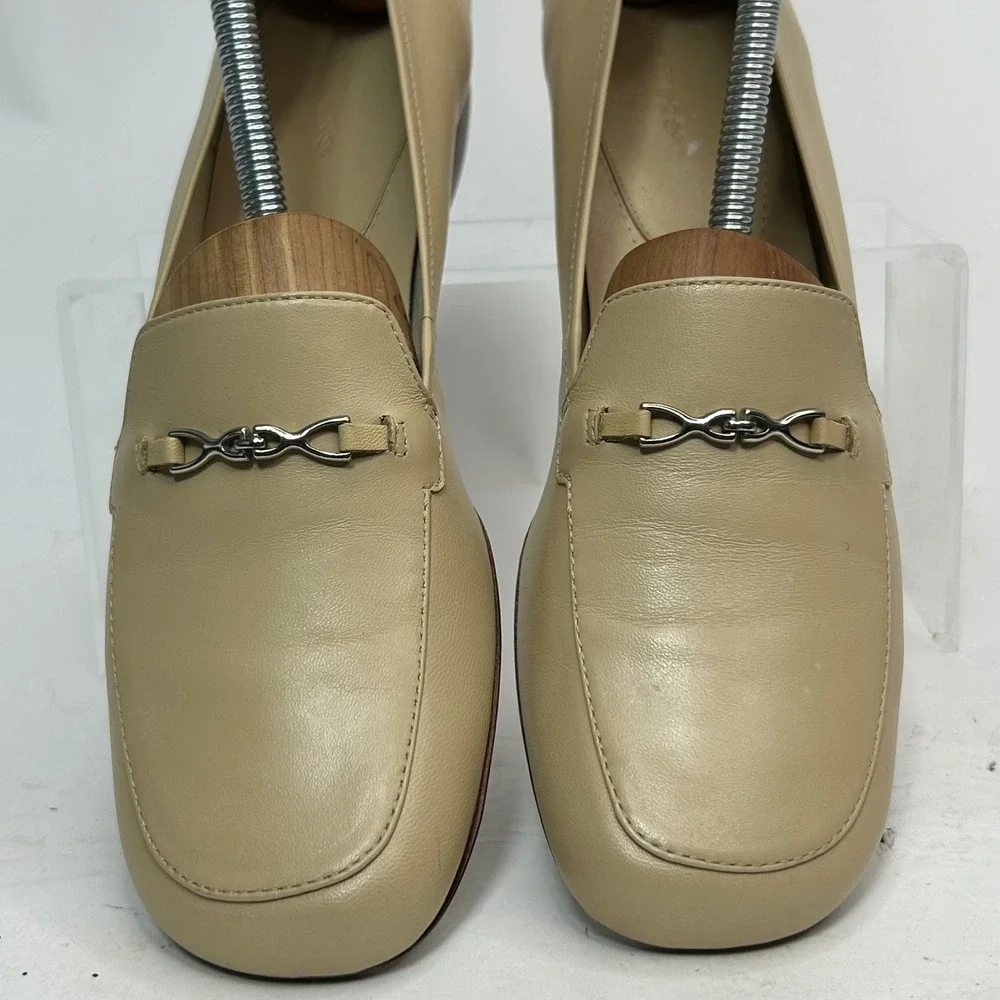 Trotters Beige Leather Bit Loafers Womens Sz 9S Square Toe Low Block Heel T3025‎